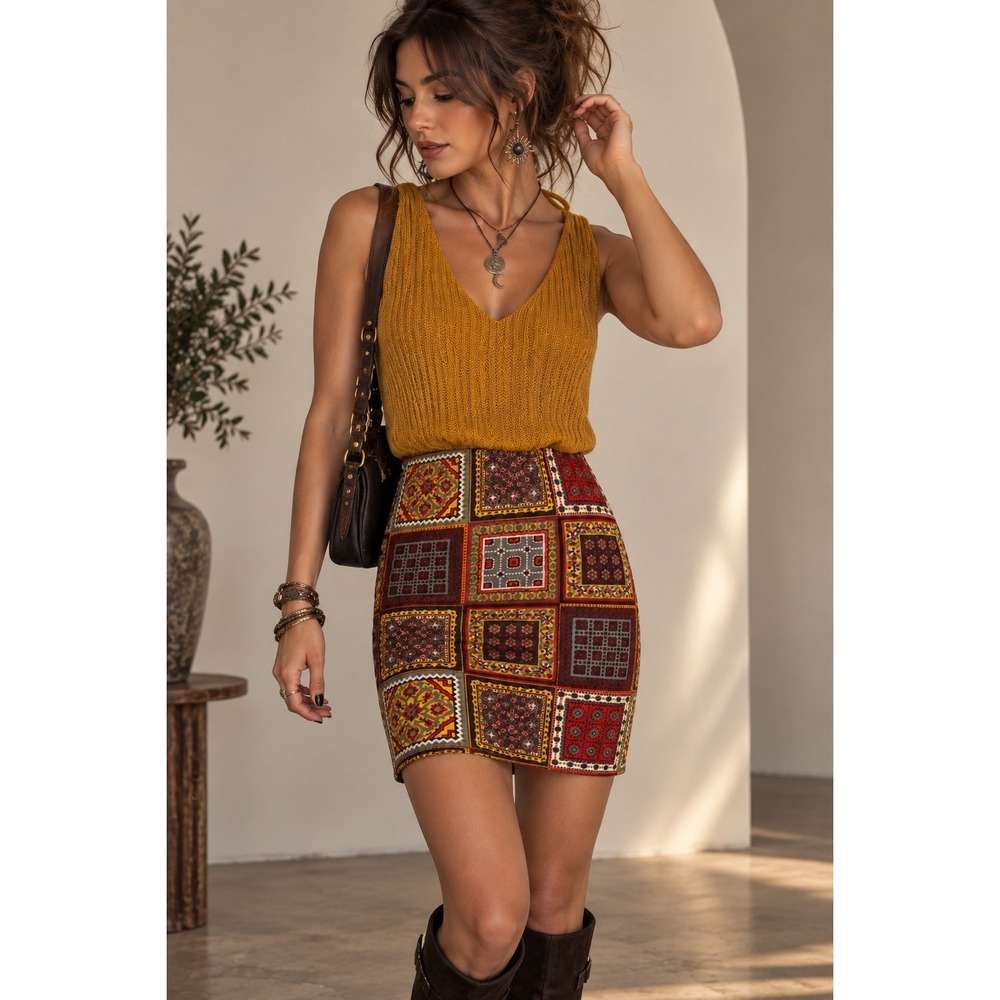 Judith March Mustard Crochet Patchwork Print Mini Dress Womens Large 644D-2